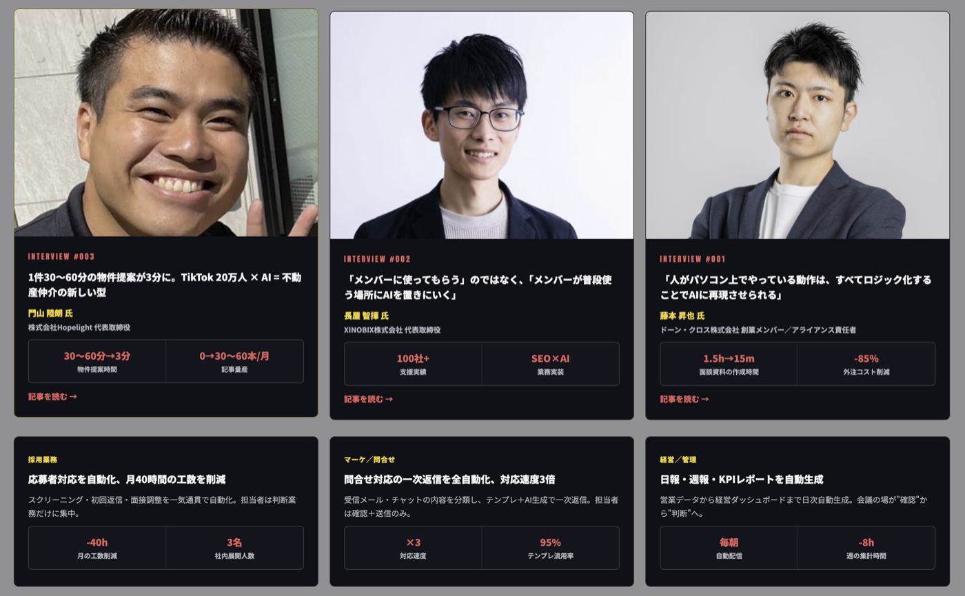 公式サイトの実名導入インタビュー3件（門山氏・長屋氏・藤本氏）のスクリーンショット