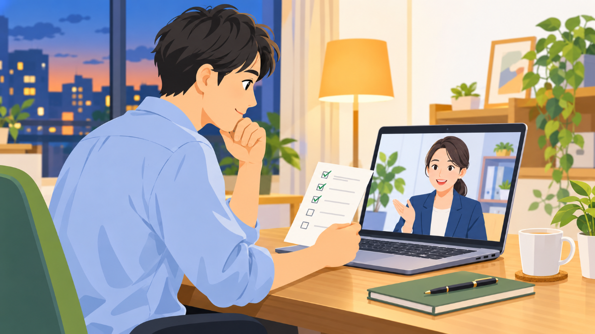 ノートパソコンでオンライン相談を受けながら、手元の質問メモを確認している会社員のイメージ画像