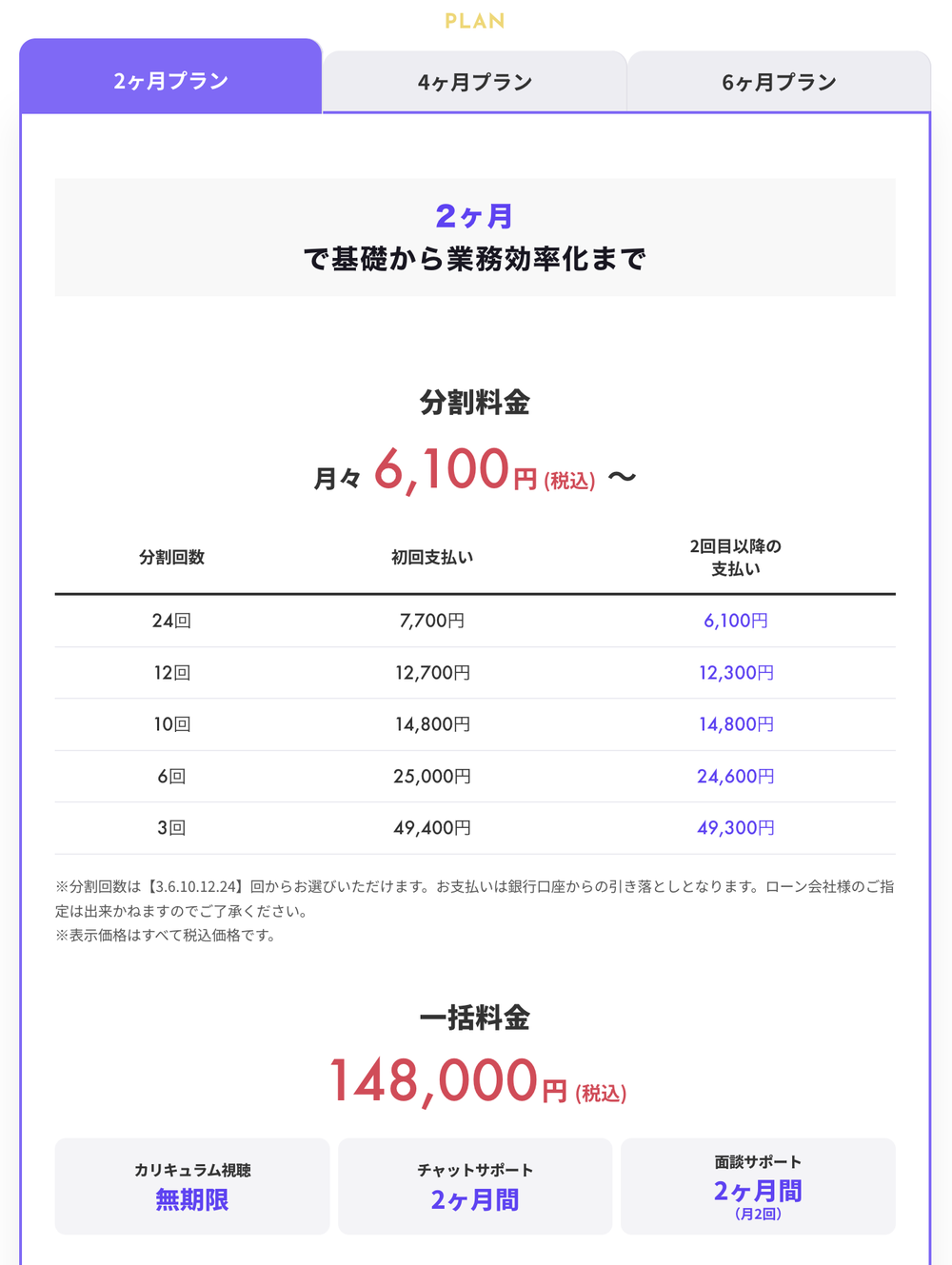 公式サイトの料金プランページ：2ヶ月プランの分割表（24回は初回7,700円・2回目以降6,100円）と一括料金148,000円（税込）が表示されている（2026年9月27日撮影）