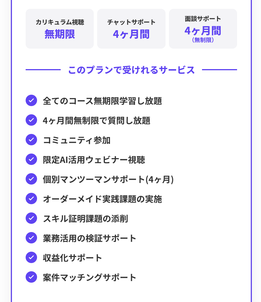 料金ページの4ヶ月プラン：面談サポートが「4ヶ月間（無制限）」と表示されている（2026年9月27日撮影）