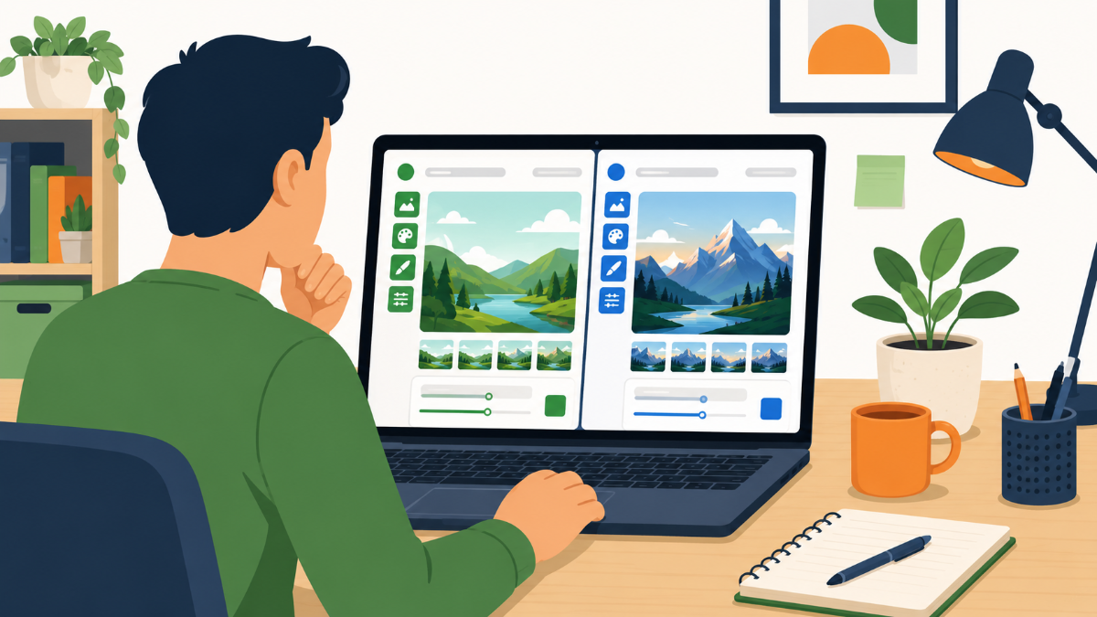 ノートPCで2つのAI画像生成ツールを見比べるブロガーのイメージイラスト