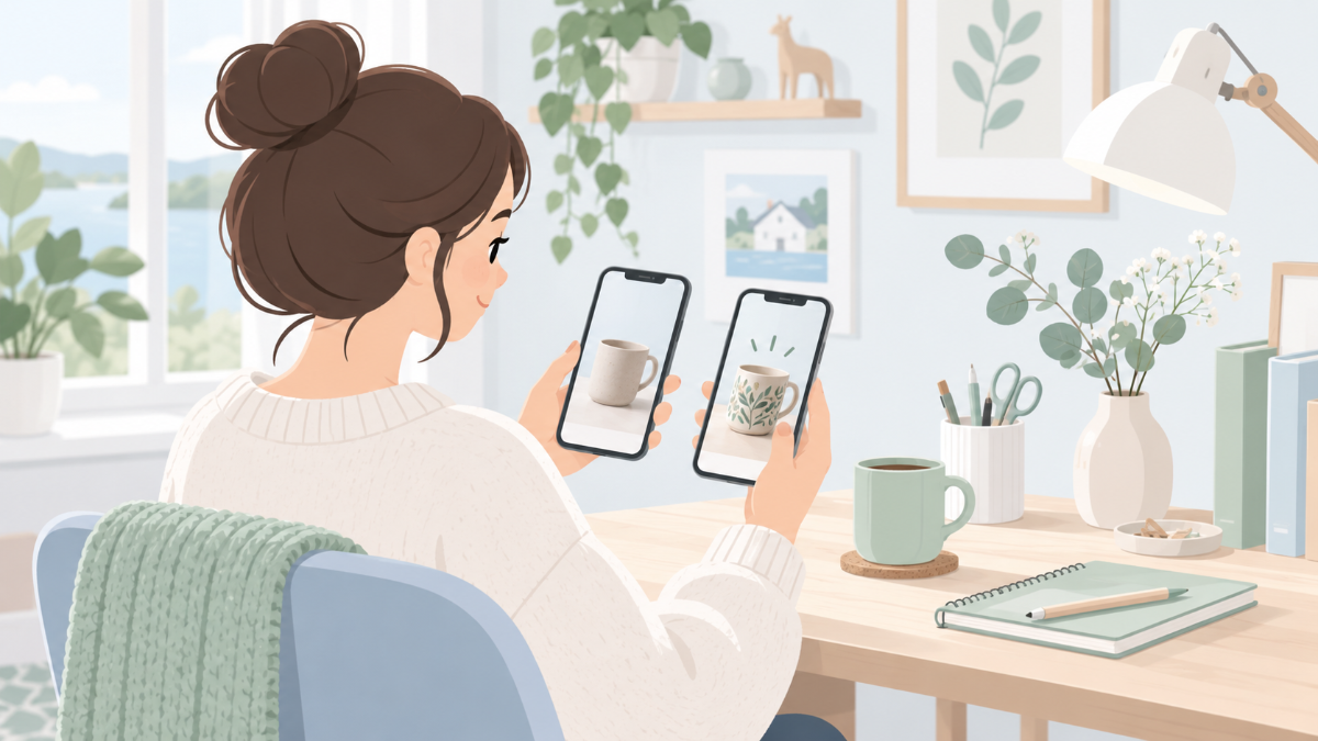 スマホの無料アプリとAIツールで商品写真を見比べるハンドメイド作家のイメージイラスト