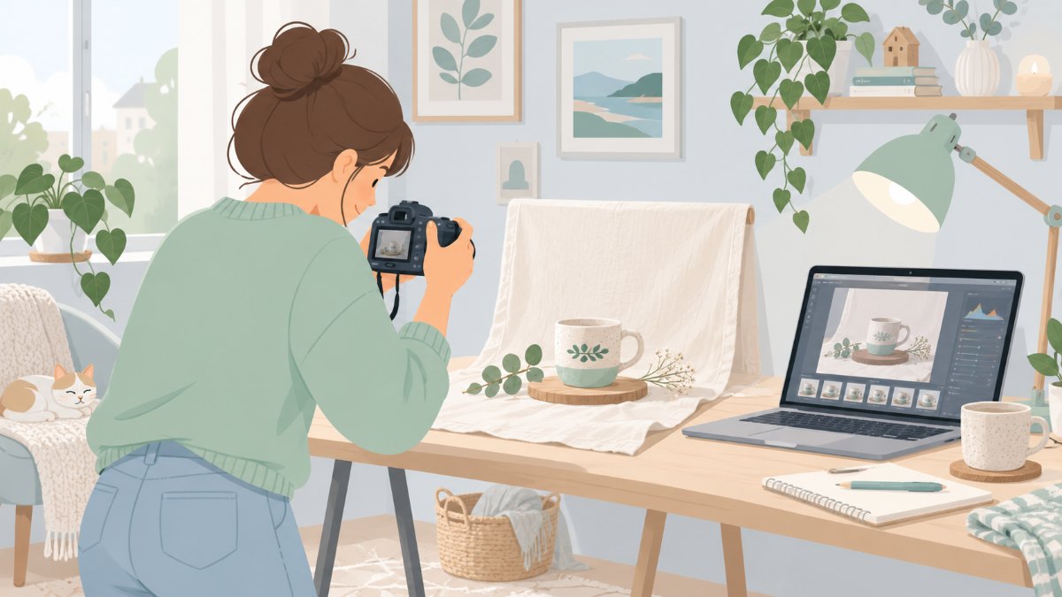 自宅でハンドメイド作品の写真を撮ってAIで加工するイメージイラスト