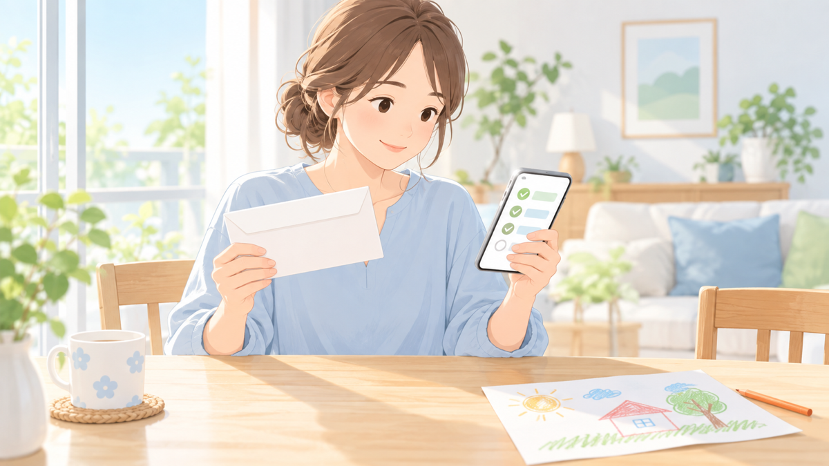 ダイニングテーブルで住民票の封筒とスマホのチェックリストを見比べながら、申込みの準備をしている親のイメージ画像