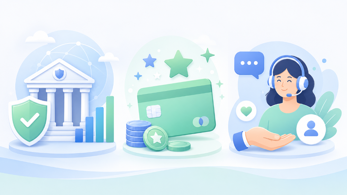 3つの証券会社の特徴を表す抽象的なイラスト（安心感・還元・サポートを表現）