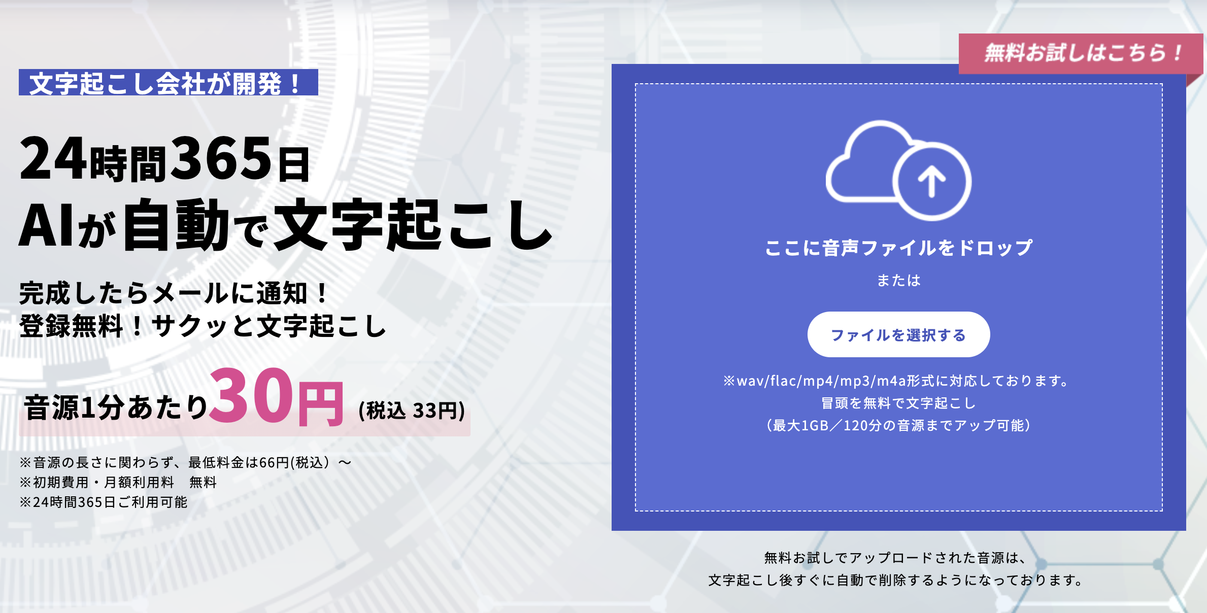 WITH TEAM AI文字起こしの公式サイトにある、1分33円(税込)の料金表示と、音声ファイルをアップロードして冒頭部分を無料でお試しできるアップロード画面