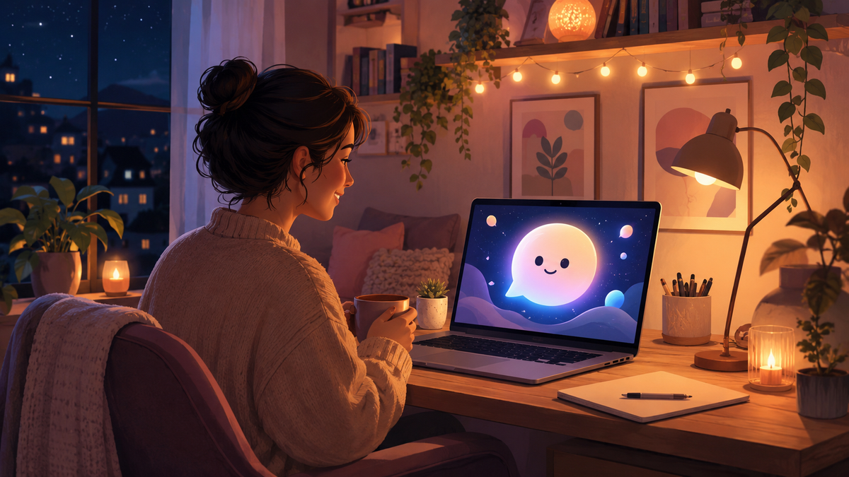 夜にノートパソコンでAIアシスタントと会話する人のイラスト