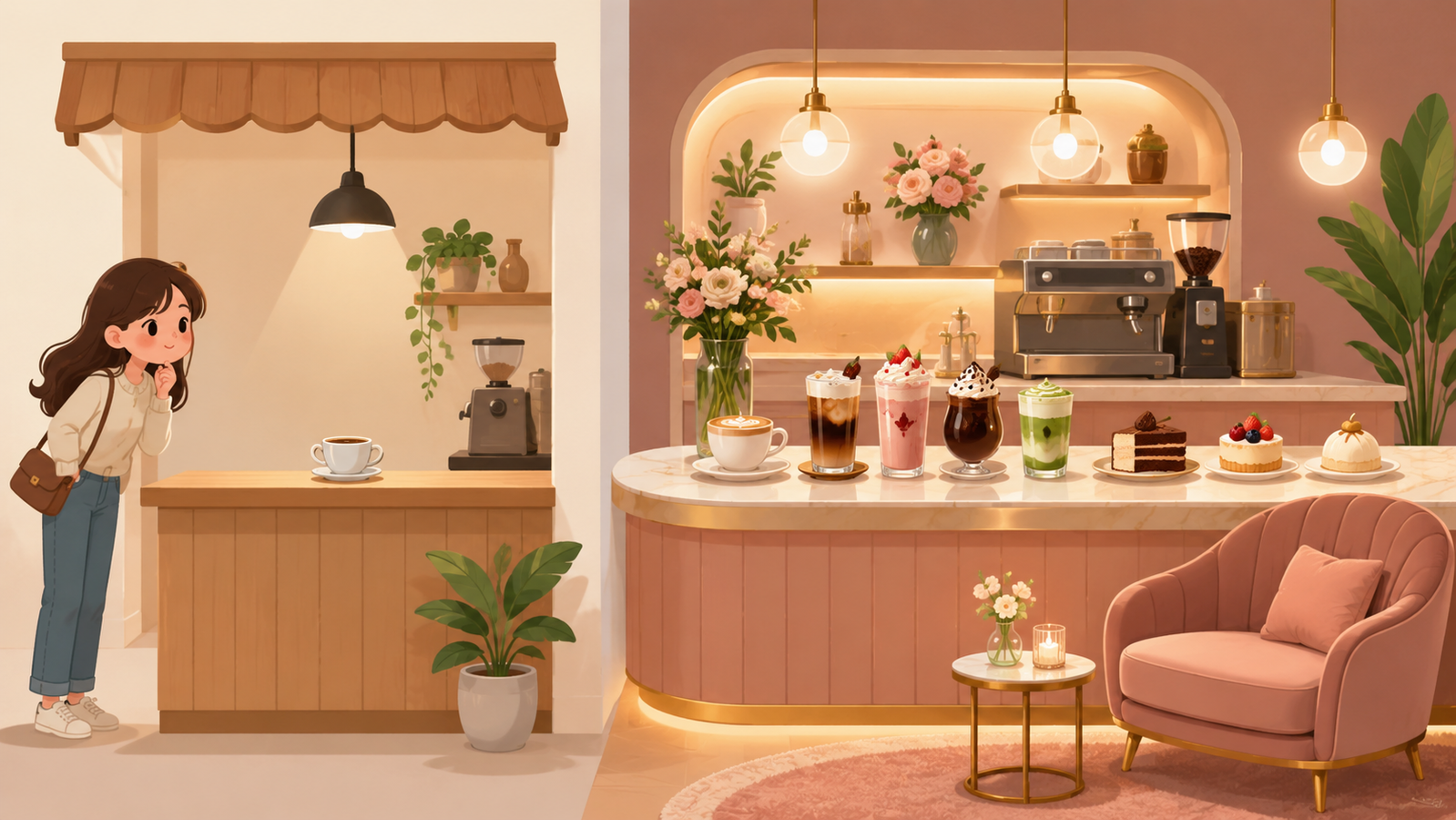 お試しコースのカフェカウンターと、より充実した定期コースのカフェカウンターを並べたイラスト