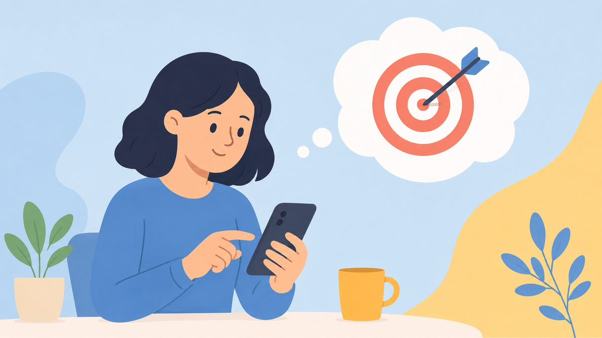 スマートフォンで質問を入力し、目的というゴールに向かう様子のイラスト