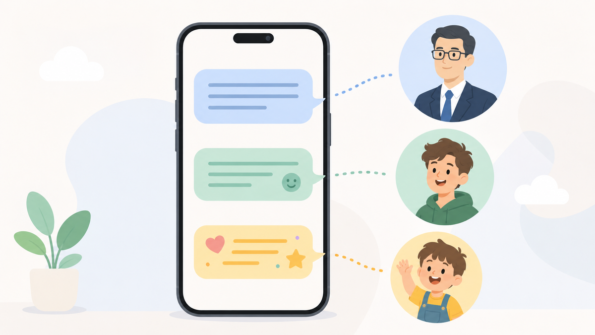 同じ質問でも相手や場面が変わるとAIの答え方が変わることを示すイラスト
