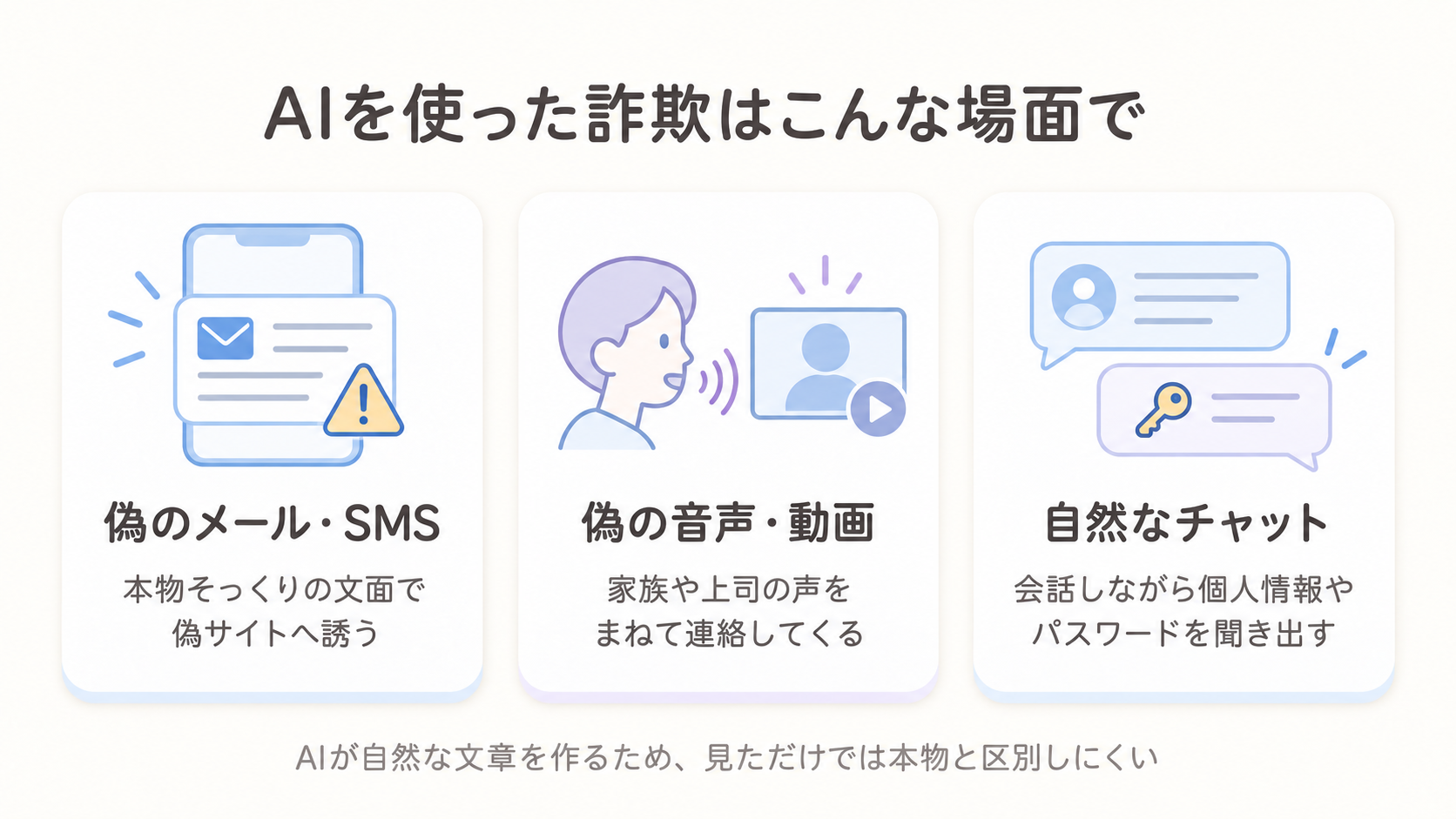 偽のメール・SMS、偽の音声や動画、自然な日本語のチャットという、AIを使った詐欺が起きやすい3つの場面を並べた図解