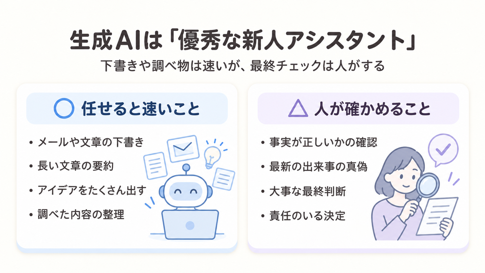生成AIを優秀な新人アシスタントにたとえ、下書き・要約・アイデア出しは速いが、事実確認や最終判断は人がするという役割分担を表した図解