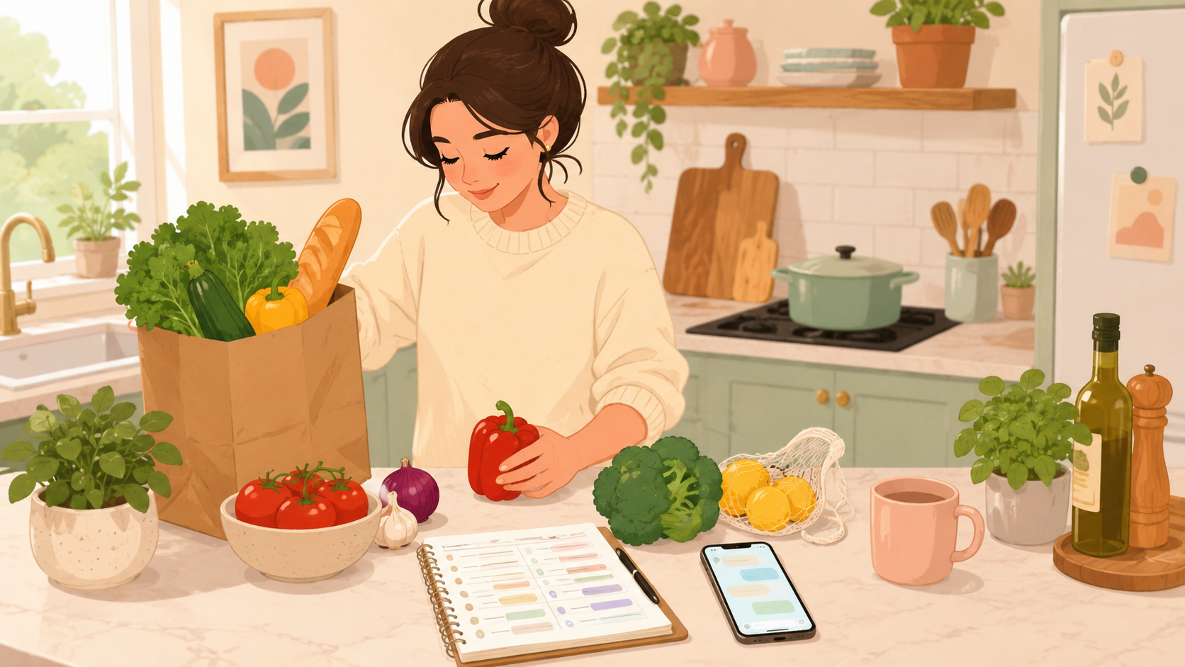 キッチンで買い物の食材と献立メモ、スマホを使う様子