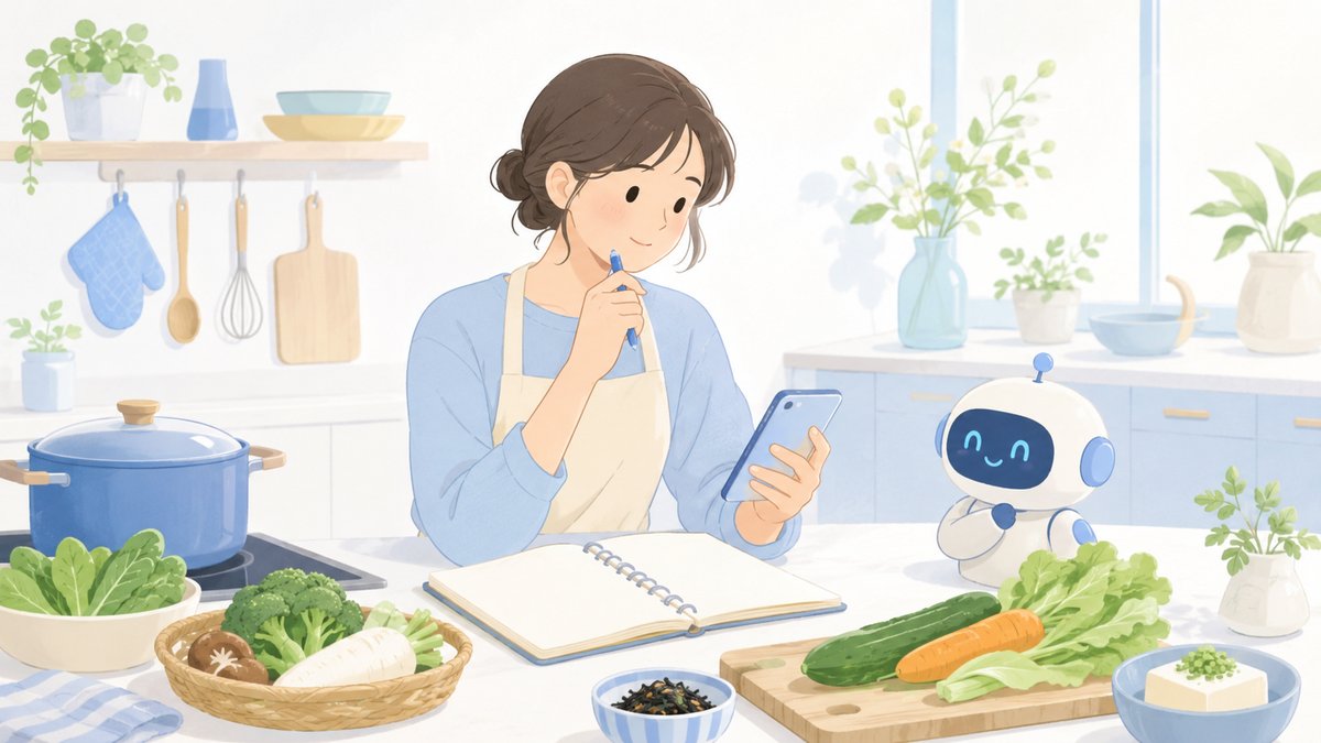 自宅のキッチンで、これから作る料理を考えるイメージイラスト