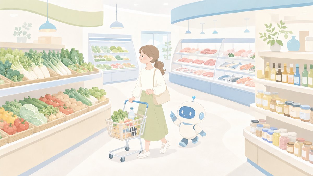 スーパーの売り場ごとに買い物を進めるイメージイラスト