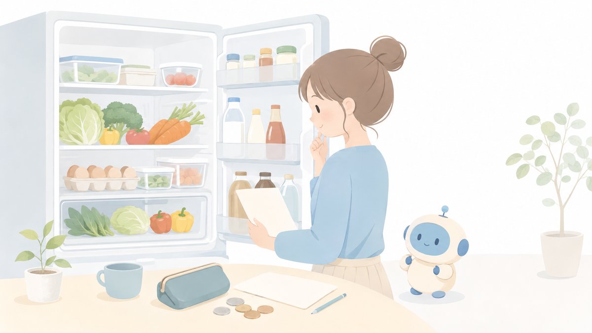 冷蔵庫の在庫を確認しながら予算を考えるイメージイラスト