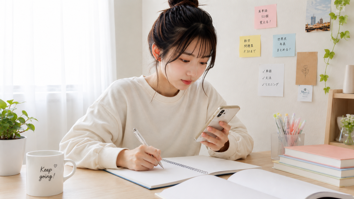 週末にスマホで学習の振り返りメモを書くイメージ