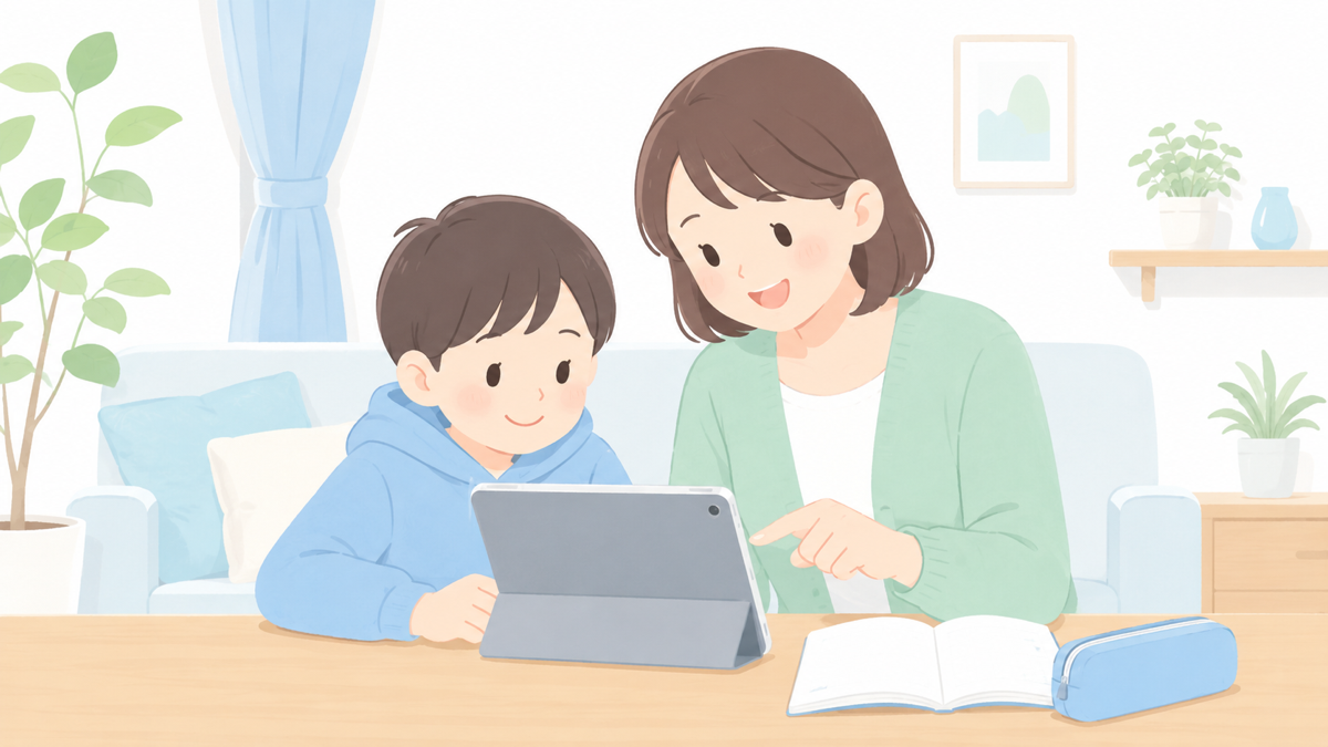 リビングのテーブルで親と子どもが1台のタブレットを一緒に見ているイメージ