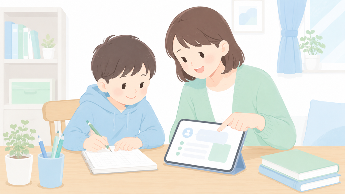 親と子どもがノートに書いた答えをタブレットの解説と見比べているイメージ