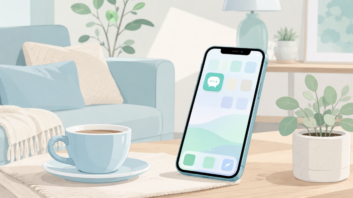 iPhoneのホーム画面にChatGPTアプリを置き、家のリビングでさっと取り出すやさしい暮らしのイラスト