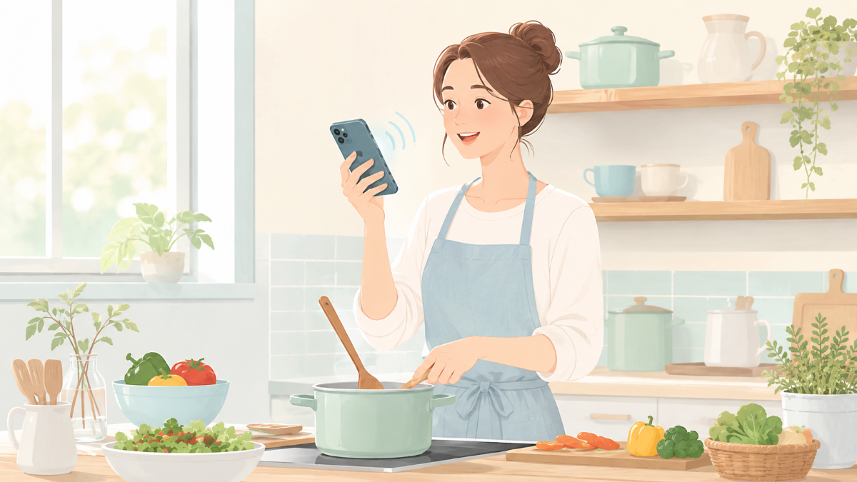 料理中の女性が片手でiPhoneを持ち、音声でChatGPTに話しかけている明るいキッチンのやさしいイラスト