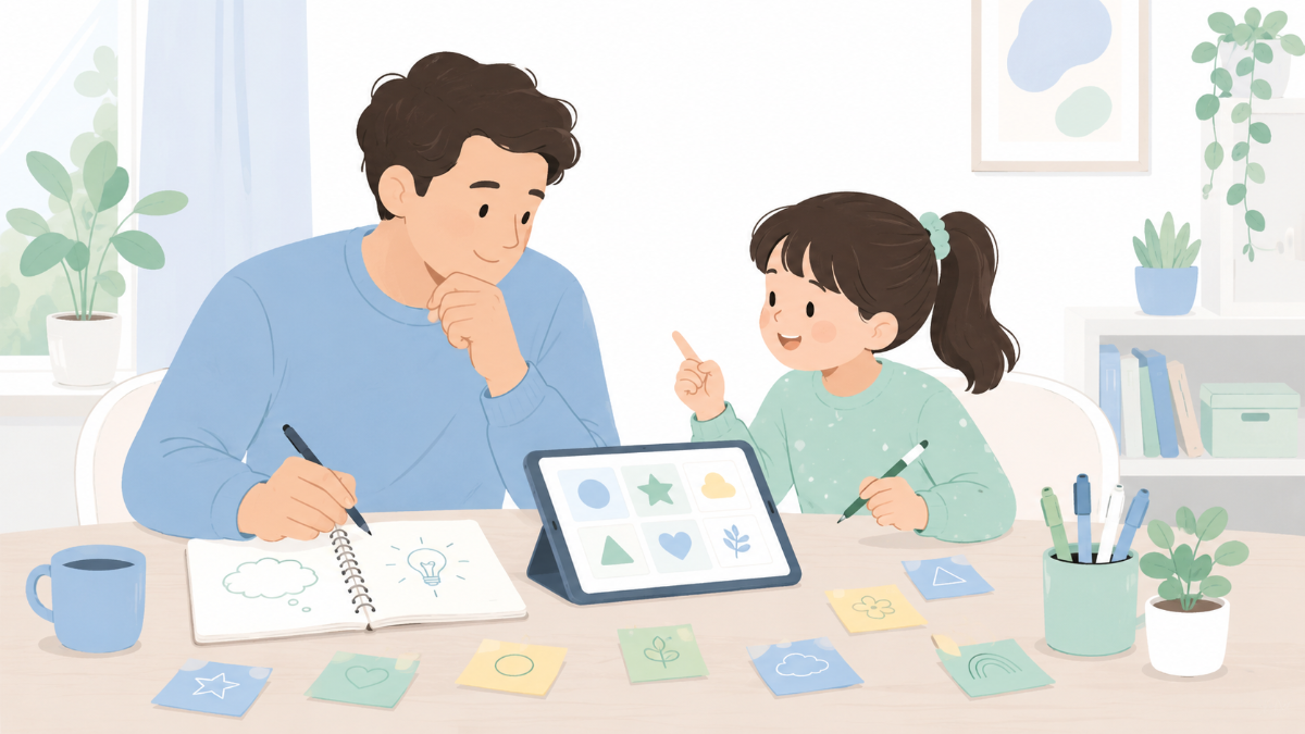 リビングのテーブルでノートとタブレットを広げながら親子でテーマを相談しているイメージ