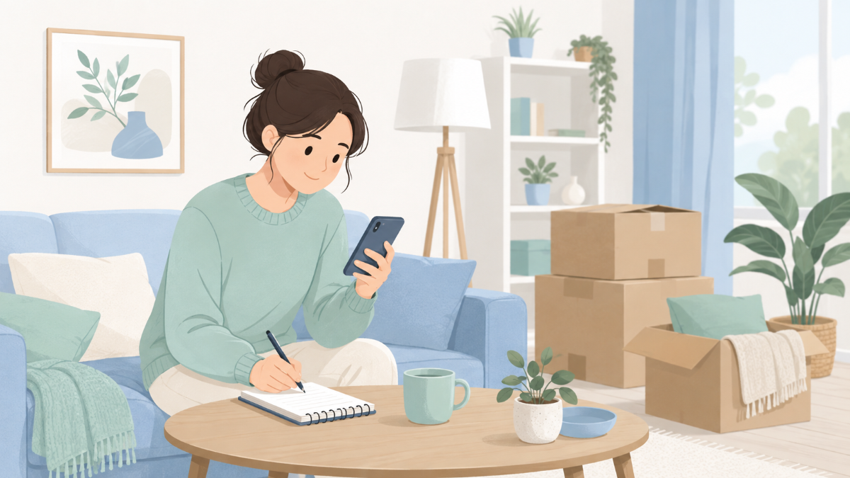 リビングでスマホを見ながら引っ越し先の住所や引っ越し日をメモしている様子のイメージイラスト