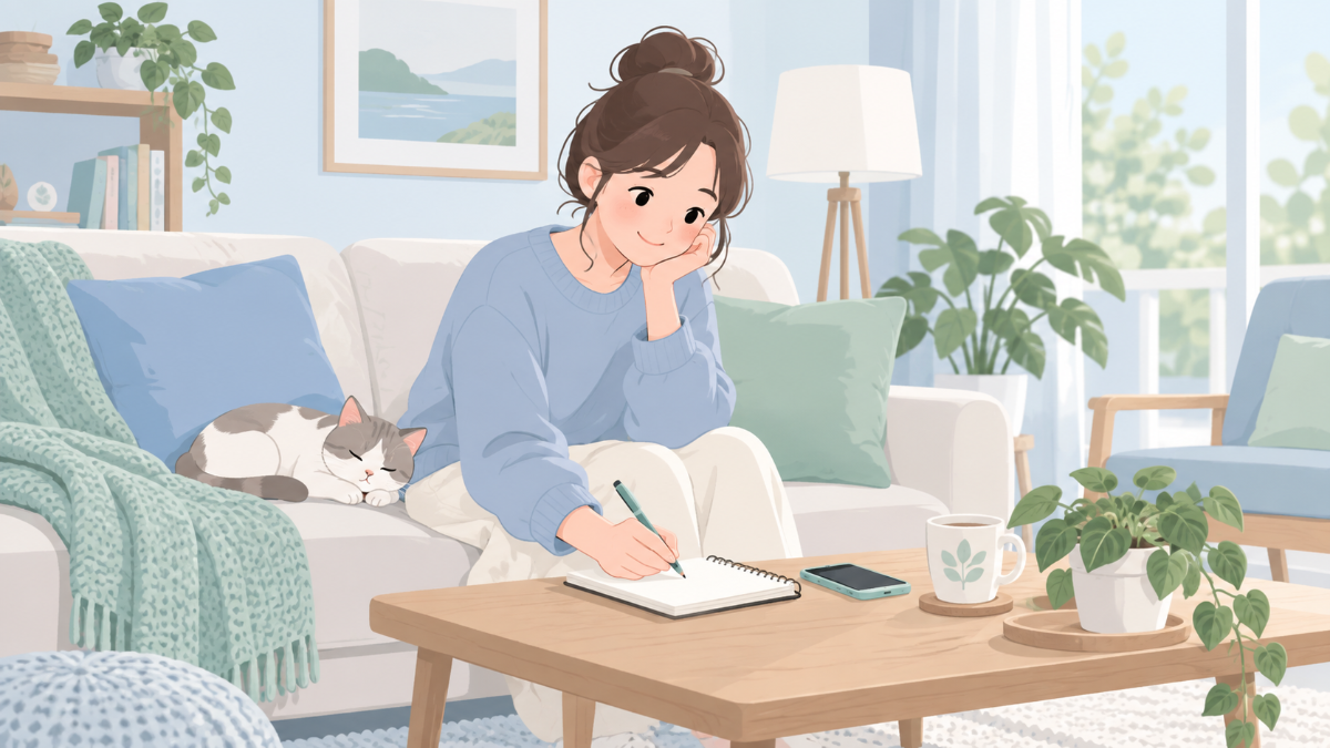 自宅のソファでスマホを見ながら、興味のあることを書き出しているイメージ