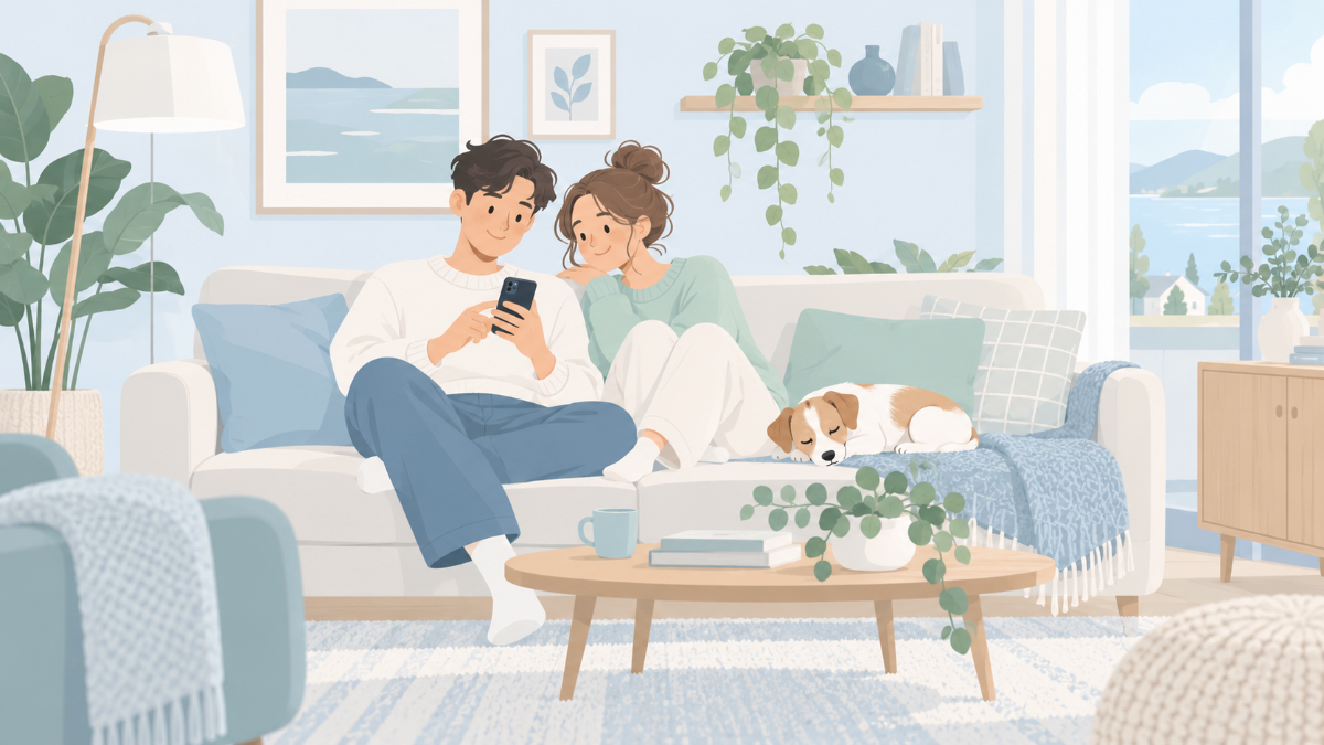 リビングのソファでスマホのチャット画面を見ながら、隣で犬がくつろいでいる様子のイメージイラスト