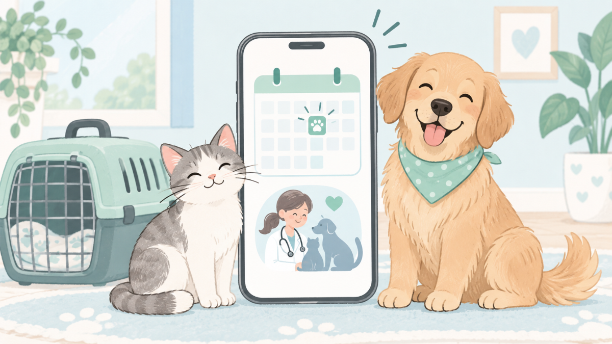 スマホのカレンダーに動物病院の予約が表示され、キャリーバッグの横で犬と猫が待っている様子のイメージイラスト