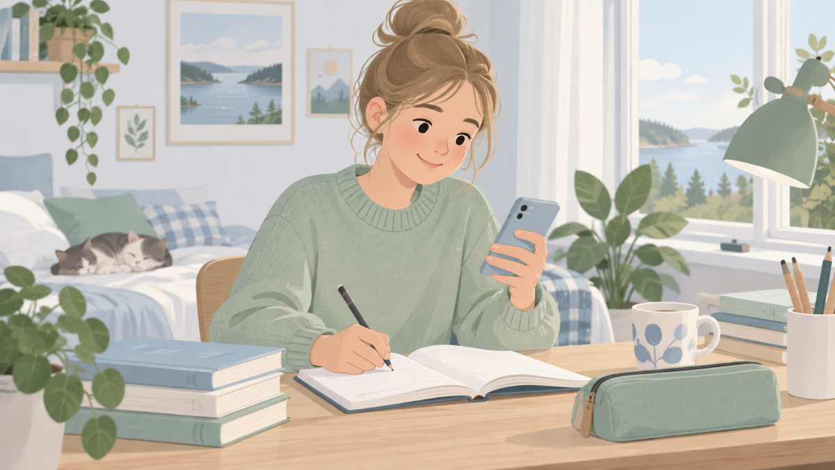 机の上のノートと教科書のそばでスマホを見ながら勉強する高校生のイラスト