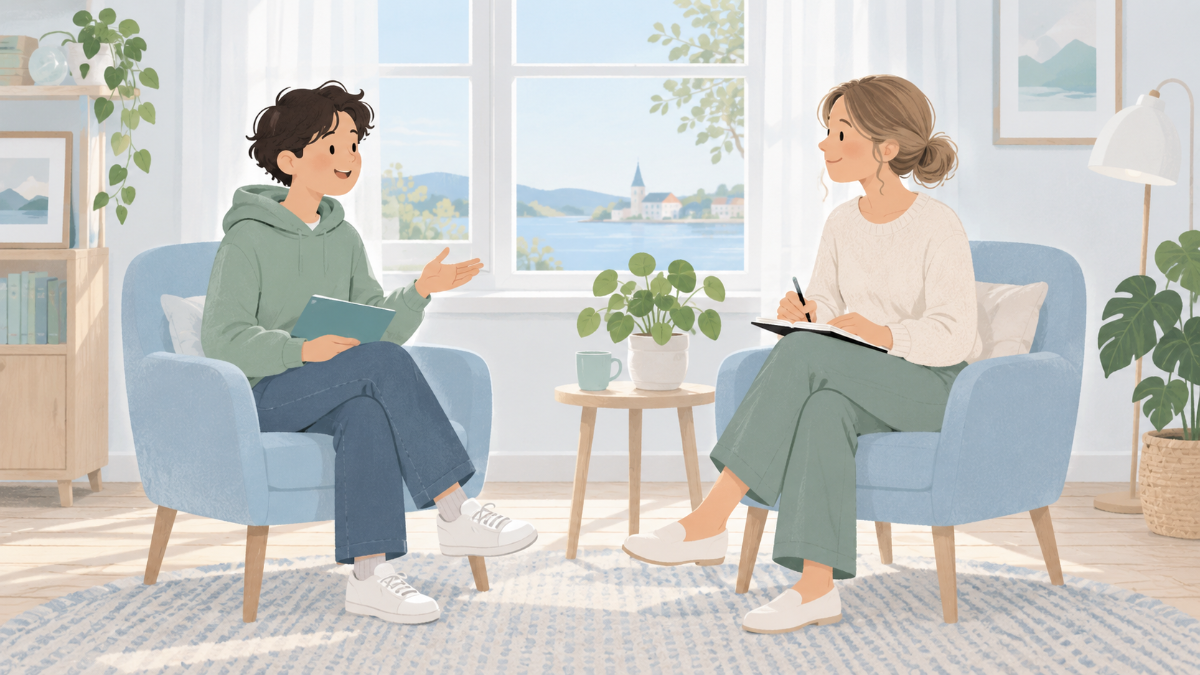 面接の練習をイメージした、椅子に座って話す学生と聞き手のイラスト