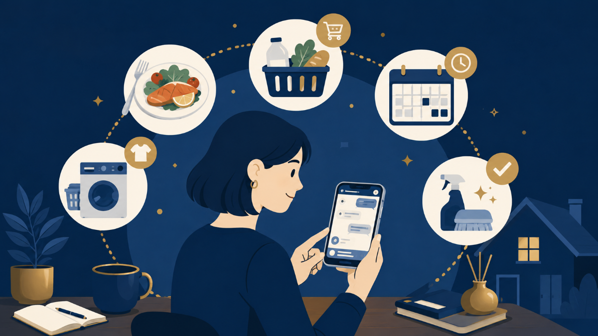 キッチンでスマホを見ながら献立と家計を整理する様子